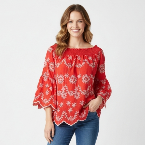 CKlass Tops - CKlass Red Embroidered Peasant Top NWT